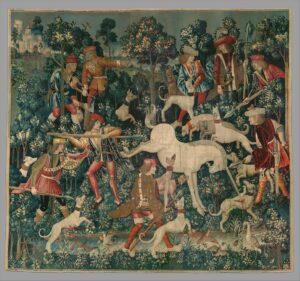 The Unicorn is attacked. Tapestry in the Cloisters Museum, NYC